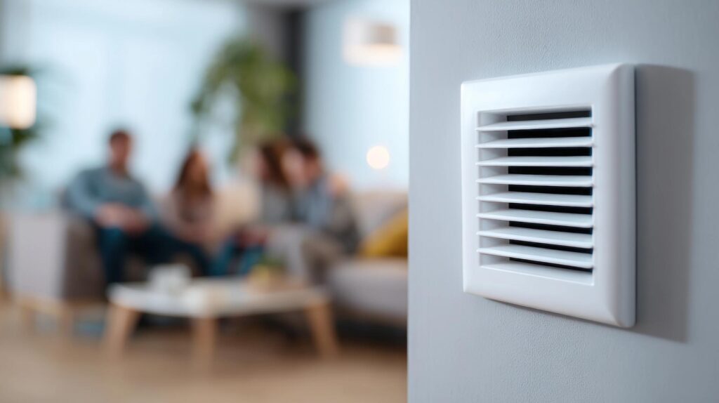 Rooster voor luchtverwarming met gezin op de achtergrond