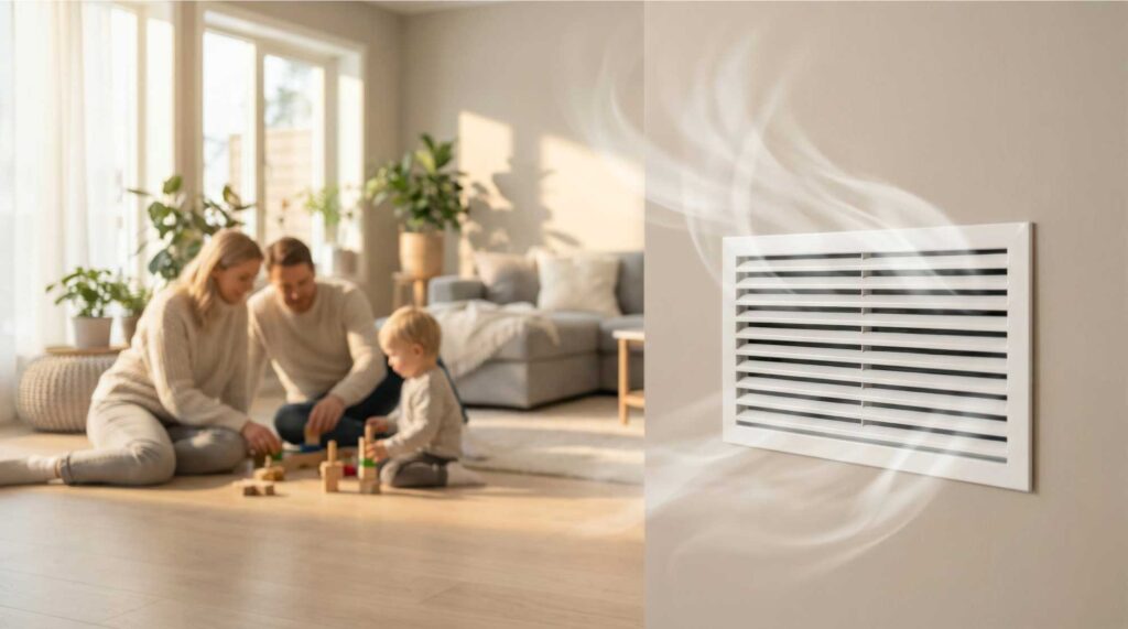 Kinderen spelen in woonkamer met aangename temperatuur door luchtverwarming van Air Filip