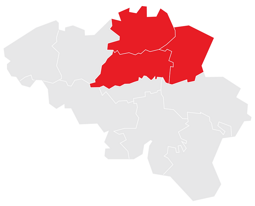 Werkingsgebied met aangeduide regio Antwerpen, Limburg, Vlaams-Brabant